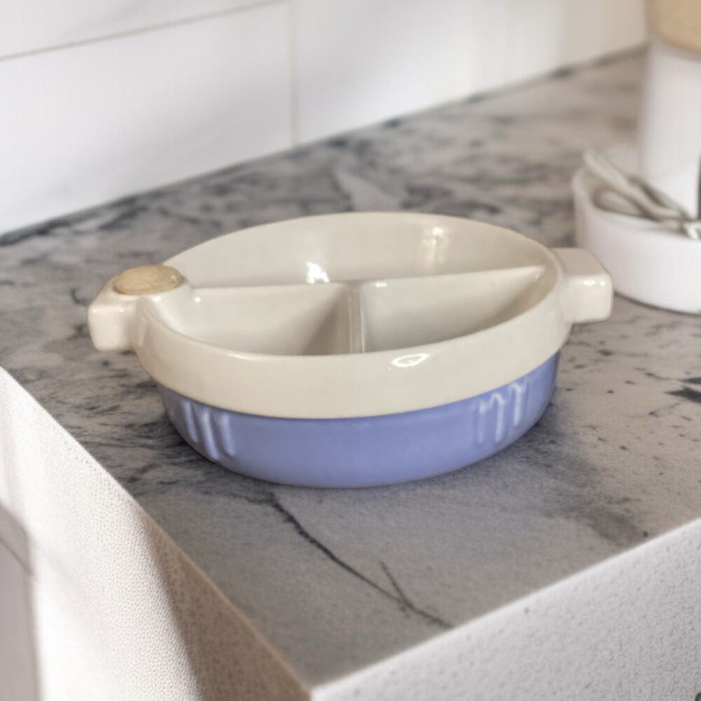 Vintage Hankscraft Divided Baby Food Warmer. Blue and White Ceramic Infant Dish